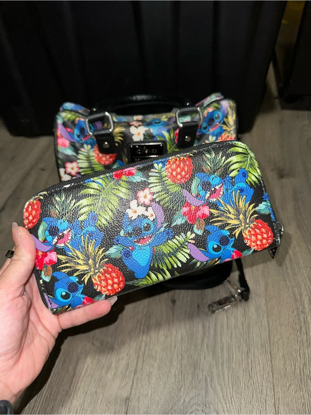 Loungefly Black Tropical Stitch Satchel & Wallet Set with Blue Accents
